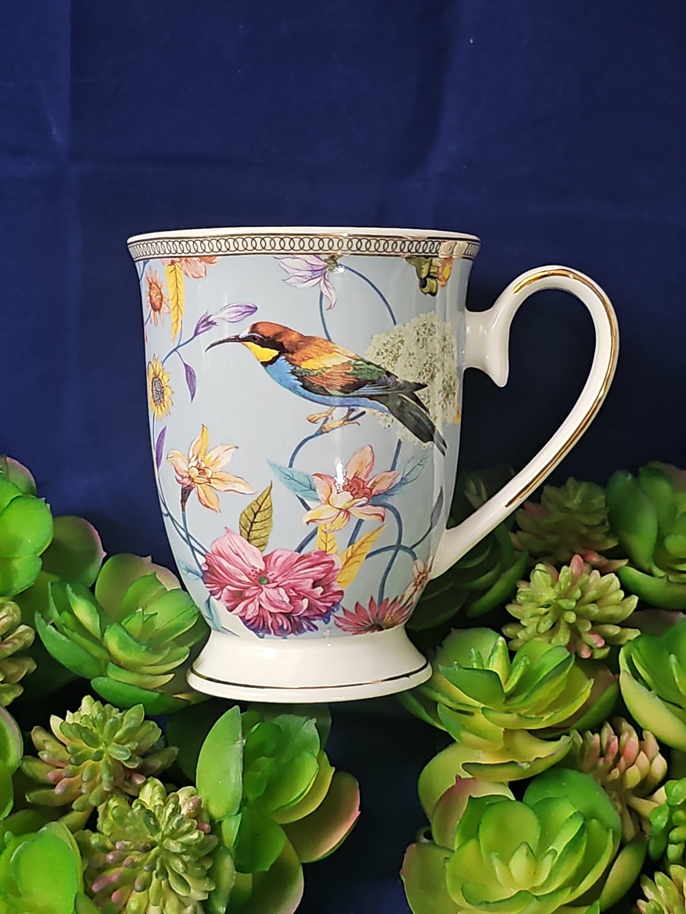 Grace Teaware Floral & Bird Porcelain Mug in Light Blue with Gold Trim